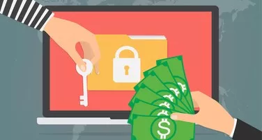 Cartoon van iemand die geld geeft in ruil voor toegang tot zijn of haar gegevens (ransomware)