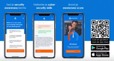 Screenshots van de mobiele security awareness app van Awaretrain met QR-code om de app te downloaden